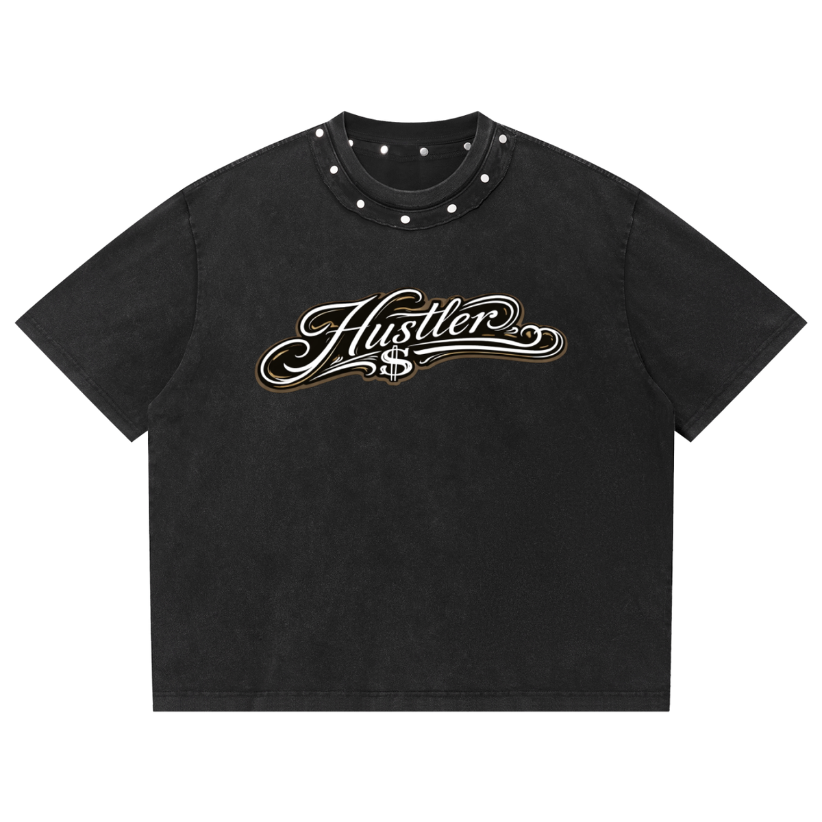WEST ROLLZ X HUSTLER MERCH X Washed Boxy Studded T-SHIRT