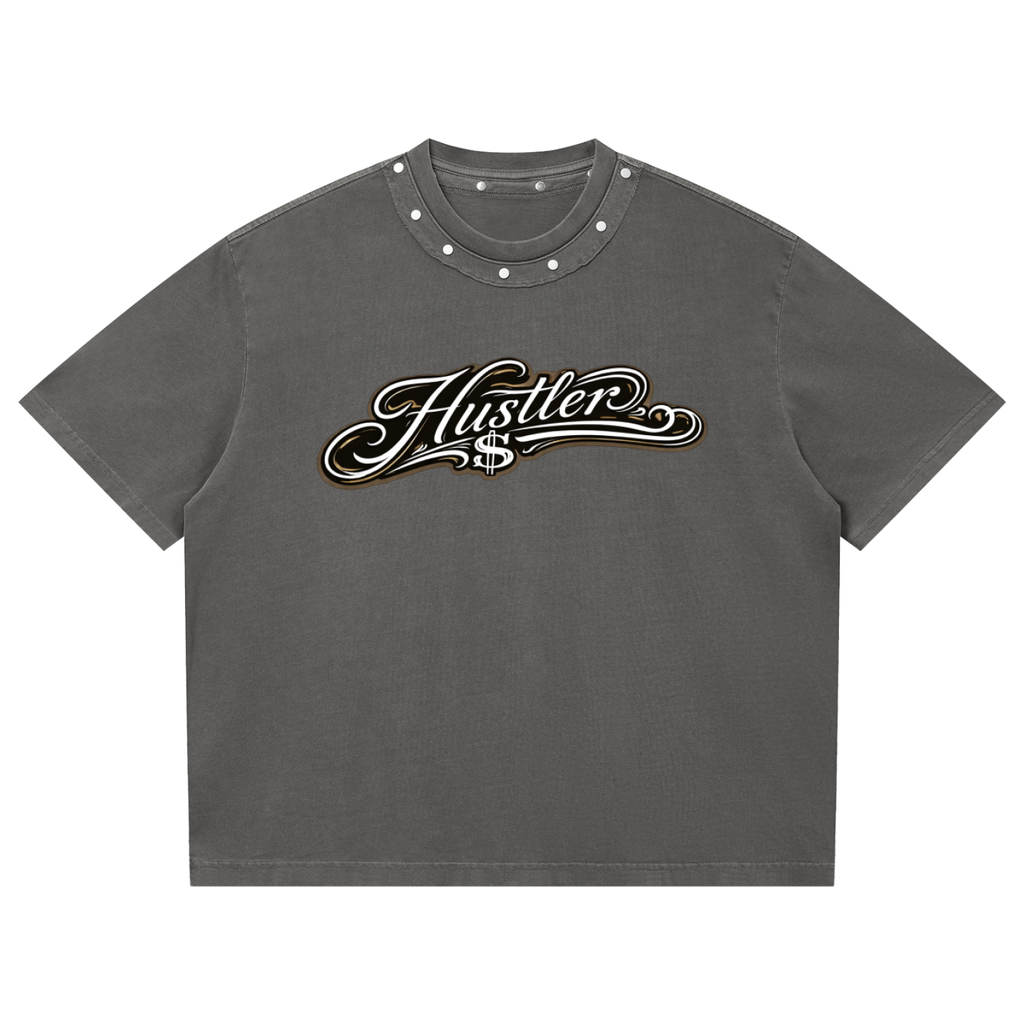 WEST ROLLZ X HUSTLER MERCH X Washed Boxy Studded T-SHIRT